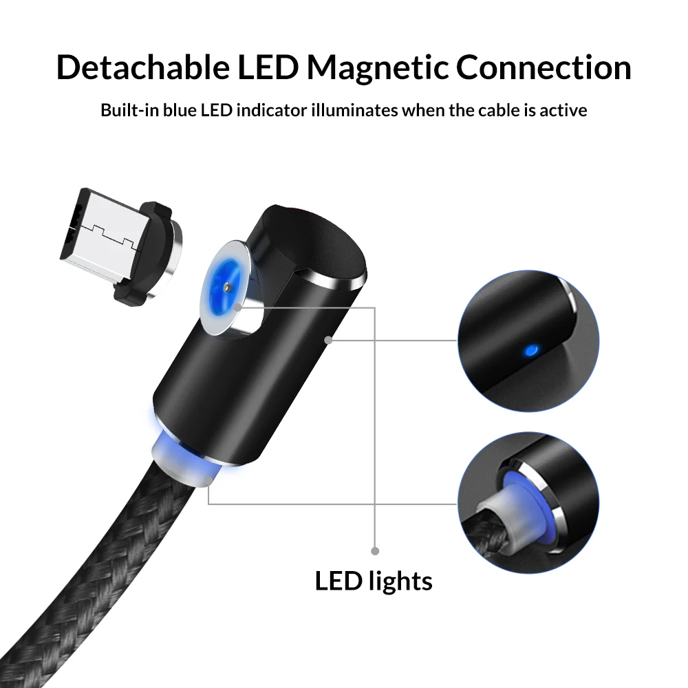 TOPK AM51 90 градусов светодиодный Micro USB кабель Магнитный зарядный кабель для iPhone samsung Xiaomi usb type C Магнитный зарядный кабель адаптер
