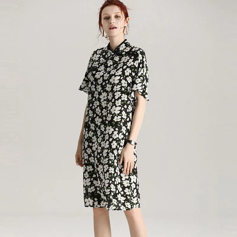 Женское платье Qipao летнее из 100% натурального шелка с цветочным принтом и