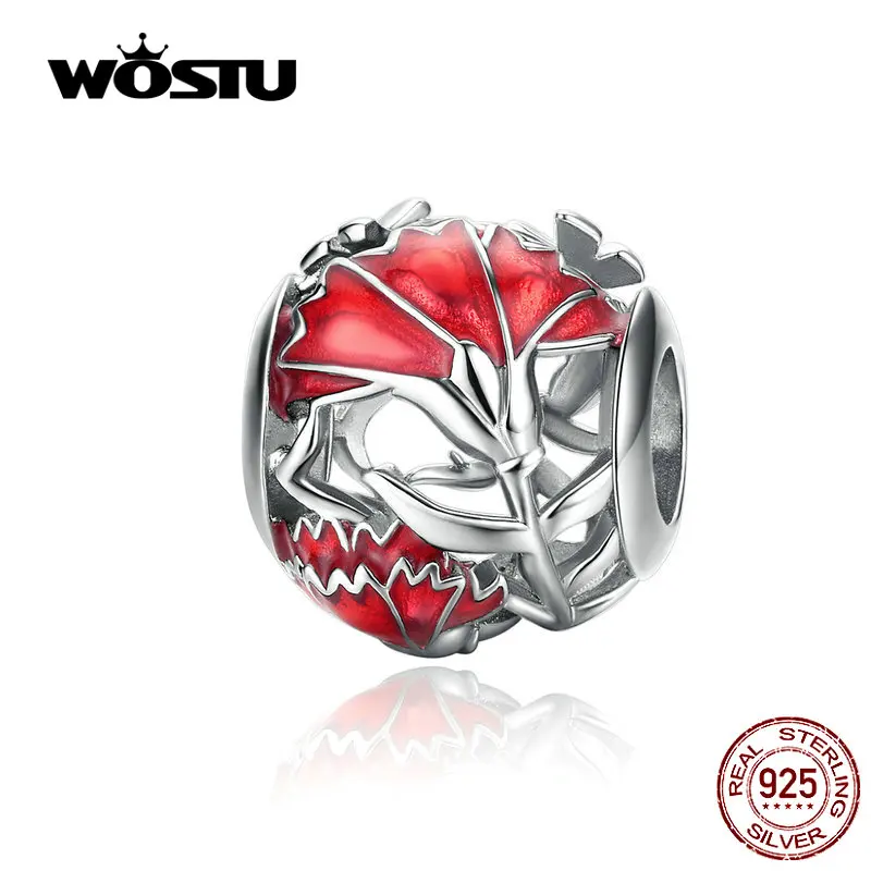 WOSTU, красная эмаль, цветок гвоздики, бусины, 925 пробы, серебро, шарм, подходит к оригинальному браслету, подвеска, серебро 925, ювелирные изделия FNC097