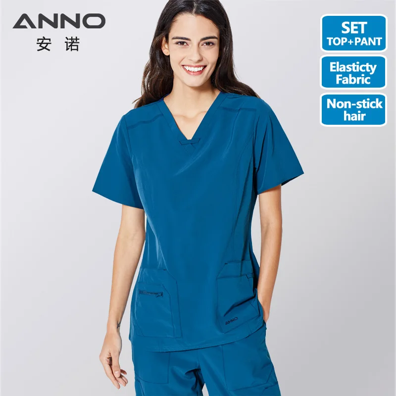 Blue(QingLan) ANNO No stick hair Pet Больничная форма для женщин униформа медсестры Slim Fit медицинские скрабы набор Хирургическая Одежда эластичный костюм - Цвет: Blue(QingLan)