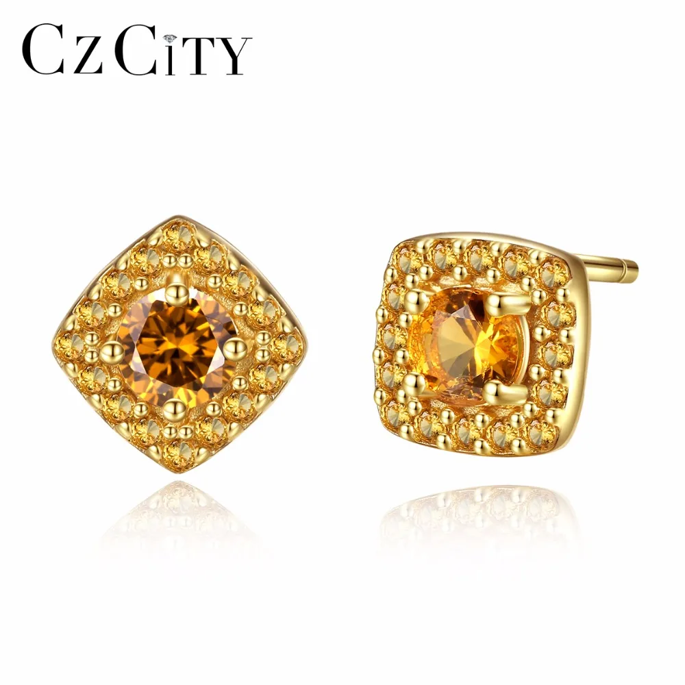 CZCITY 925 Настоящее серебро цитрин серьги со шпилькой для женщин желтого цвета с