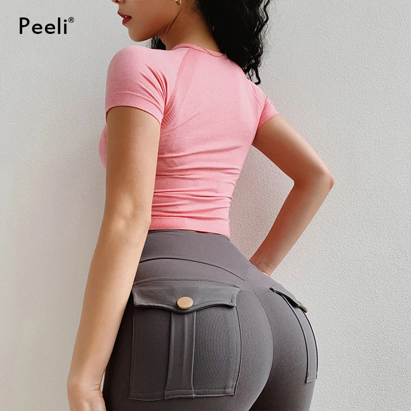 Peeli Спортивная футболка для занятий йогой, фитнесом, женская спортивная одежда, спортивный топ для тренировок, энергетический бесшовный топ для йоги, короткий рукав, укороченный топ, Спортивная футболка
