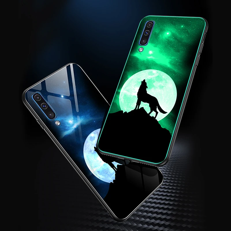 Роскошные светящиеся стеклянные чехлы с изображением волка для Samsung Galaxy A50 A505, задняя крышка с изображением дракона для Samsung Galaxy A30 A305, чехол для телефона