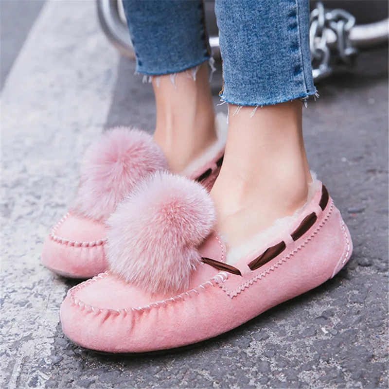 

ENMAYER Luxury designer brand Genuine leather Female lined real fur wool with Fox ball Moccasins Lady Flats Pink Loafers CR693