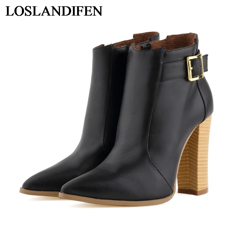 Женские зимние ботильоны с острым носком из свиной кожи на высоком каблуке