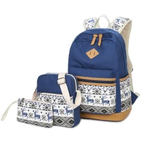canvas printing laptop backpack women school bags for teenage girls bookbags 3pcsset