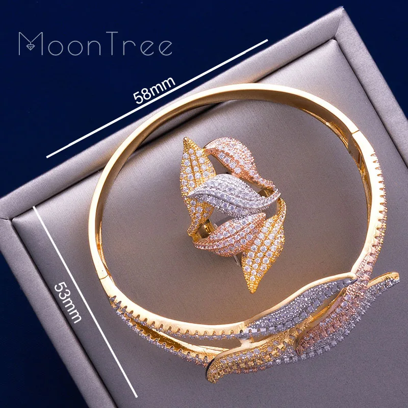 MoonTree роскошный Подсолнух 3 тона Полный AAA кубического циркония широкий браслет кольцо комплект Платье Ювелирные наборы для женщин