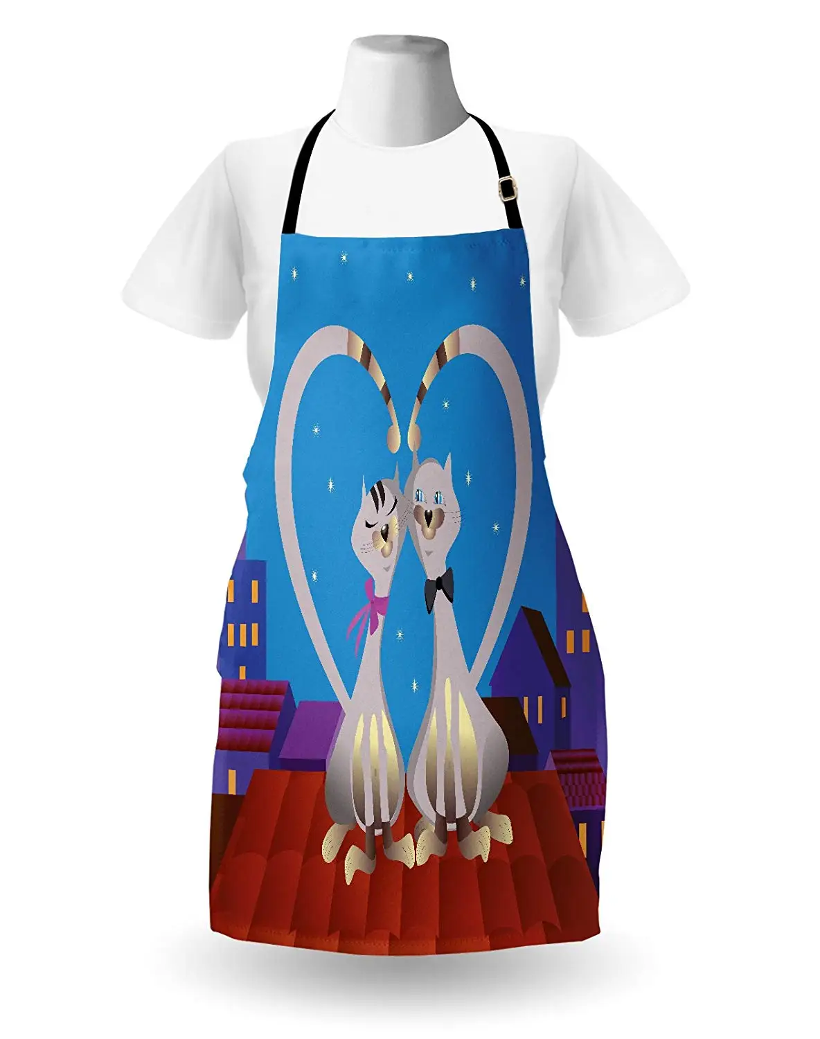 City Love Apron 3D Illustration of Lover Cats Forming a Heart Shape with Long Tails on the Roof Kitchen Bib Cooking Baking | Дом и сад