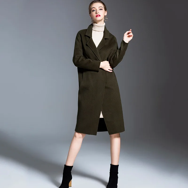 

2021 autumn and winter trench for women solid color long double-faced wool cashmere overcoat double-sided windbreaker 1807004