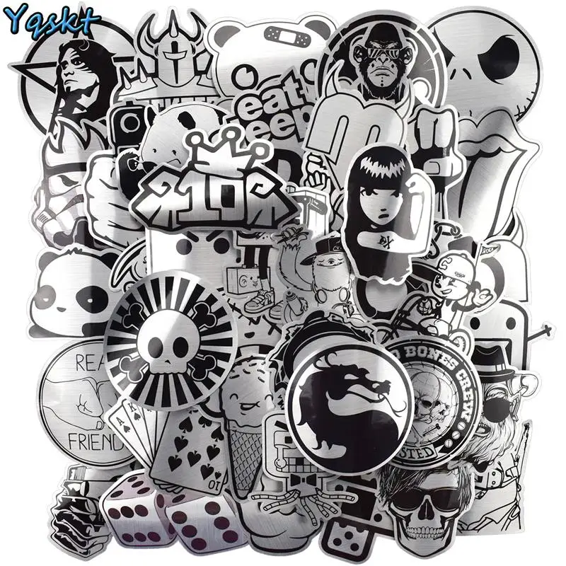 

50 Pcs Metallic Style Black and White Stickers for Laptop Luggage Skateboard Bicycle Car Home Decor Deal Cool Waterproof Sticker