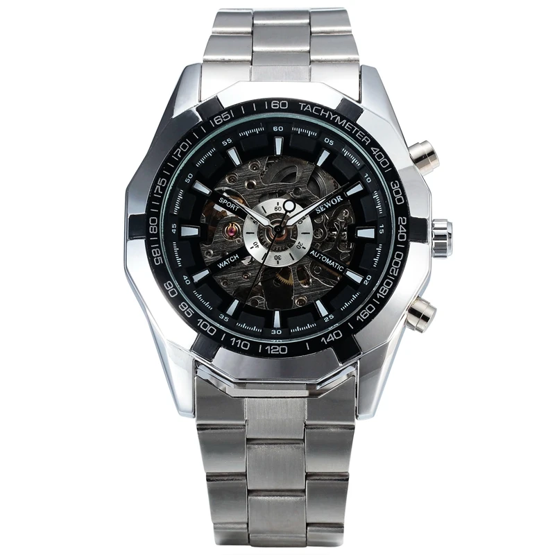 Мужские часы-скелетоны SEWOR деловые Брендовые повседневные механические стальные