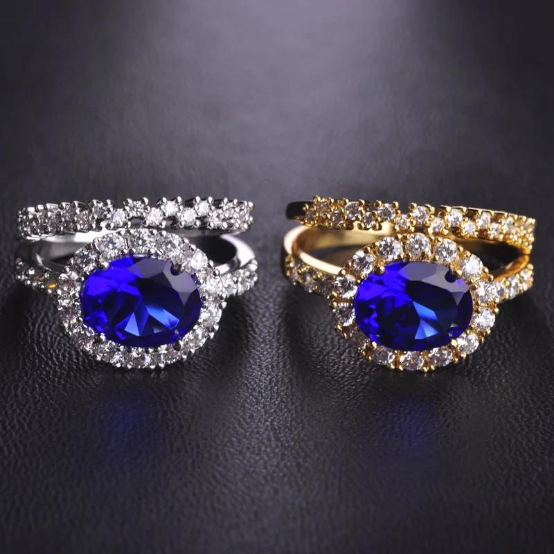 Blucome Синий Горный Хрусталь CZ Циркон Медных Колец Для Женщин Две Двуспальные Aros