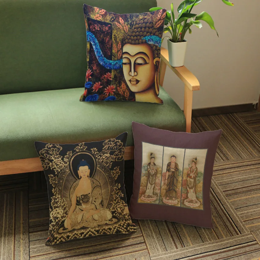 

Buddism Culture Print Cushion Cover Thai Buddha Worship Linen Throw Pillow Case Buddists Home Decorative Pillows Cover 45x45cm