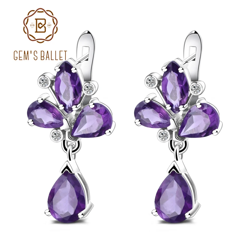 Gem's Ballet Natural Amethyst Gemstone Vintage Earrings 925 Sterling Silver Flower Drop For Women Wedding Fine Jewelry | Украшения и