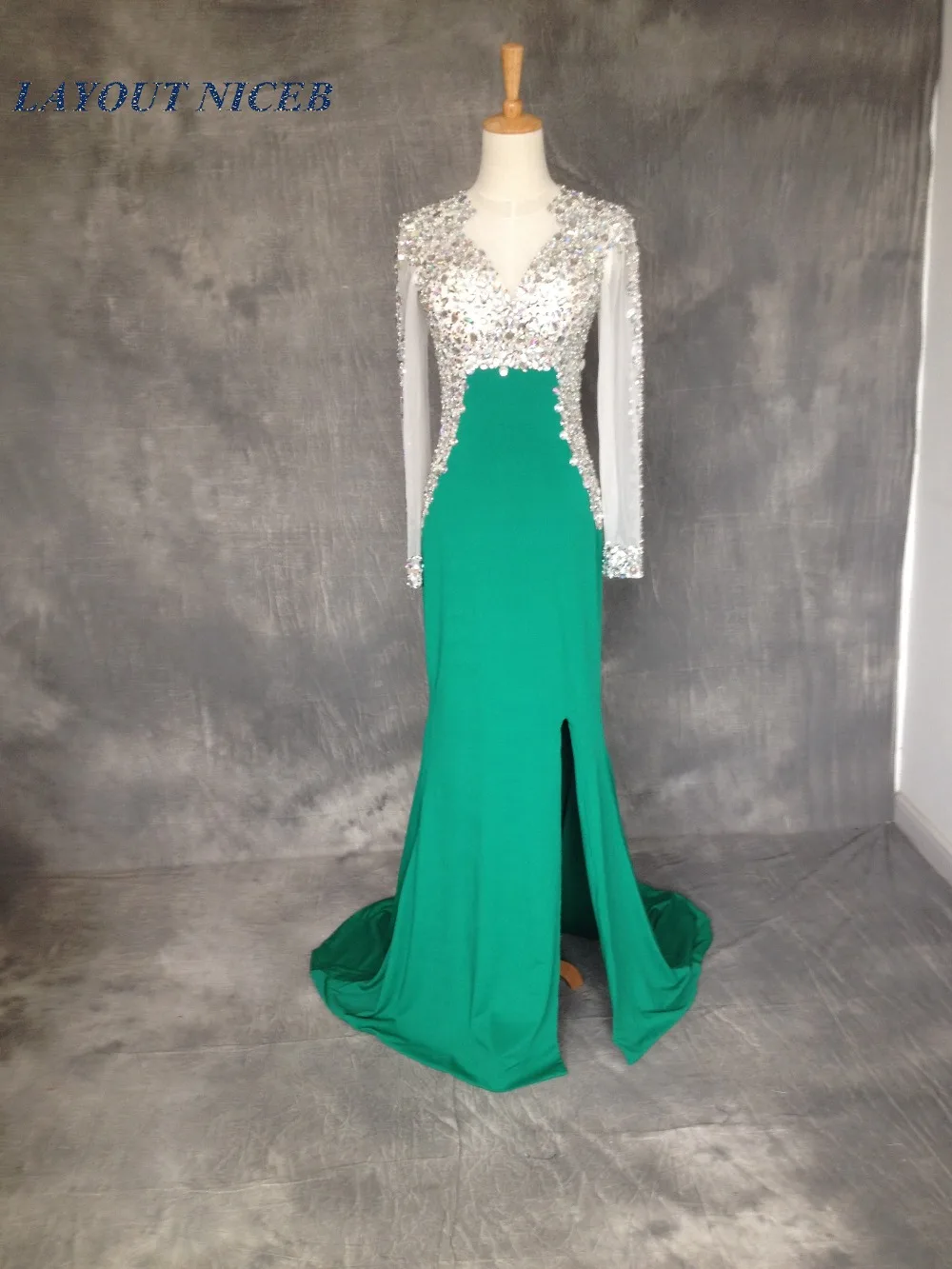 Зеленый vestido de formatura 2015 бриллиантовое выпускное платья с длинным рукавом со