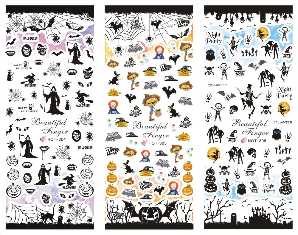 3 листа типсов/лот серии на Хэллоуин в виде приведения и тыквы ведьма летучих