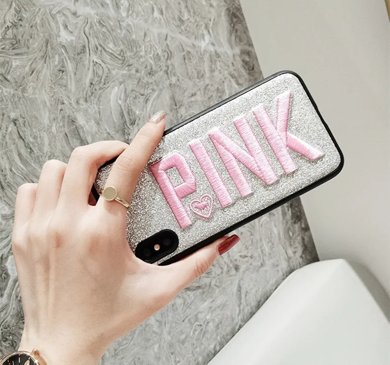 Роскошные 3D вышивка VS PINK Блестящий сверкающий мягкий чехол для iphone 5 6 S 7 8 plus X XR XS