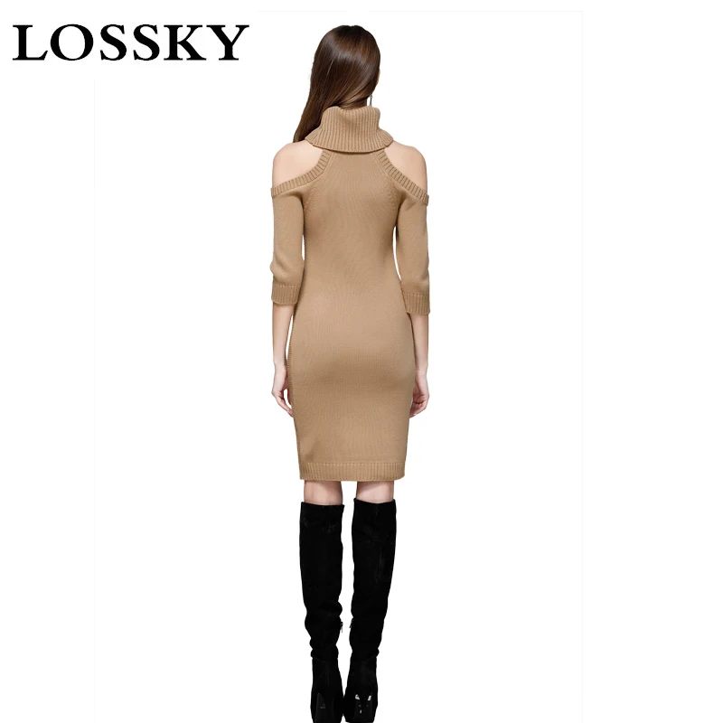 CROOKYN пикантные открытыми плечами вязаный свитер водолазка с рукавом три четверти