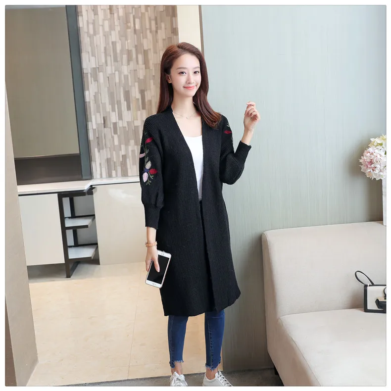 Winter autumn casual tops V-NECK collar lantern sleeve floral embroidery knit sweater warm women sweaters long cardigans |