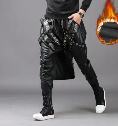 Autumn winter stage personality motorcycle faux leather pants mens feet pants pu trousers for men pantalon homme waterproof