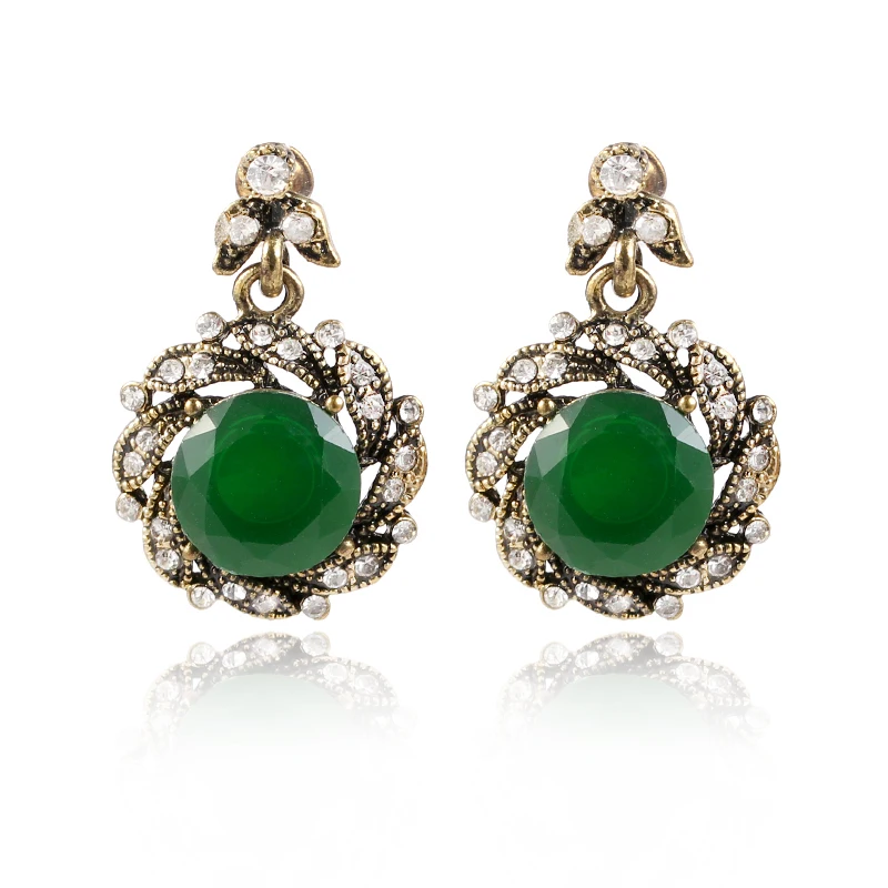 Retro fashion Gold color Rhinestone resin red green Earrings For Women jewelry gift | Dangle