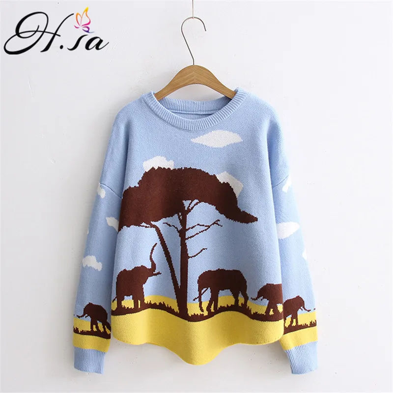HSA осенний женский свитер базовые вязаные топы мультяшный лес Свободный пуловер