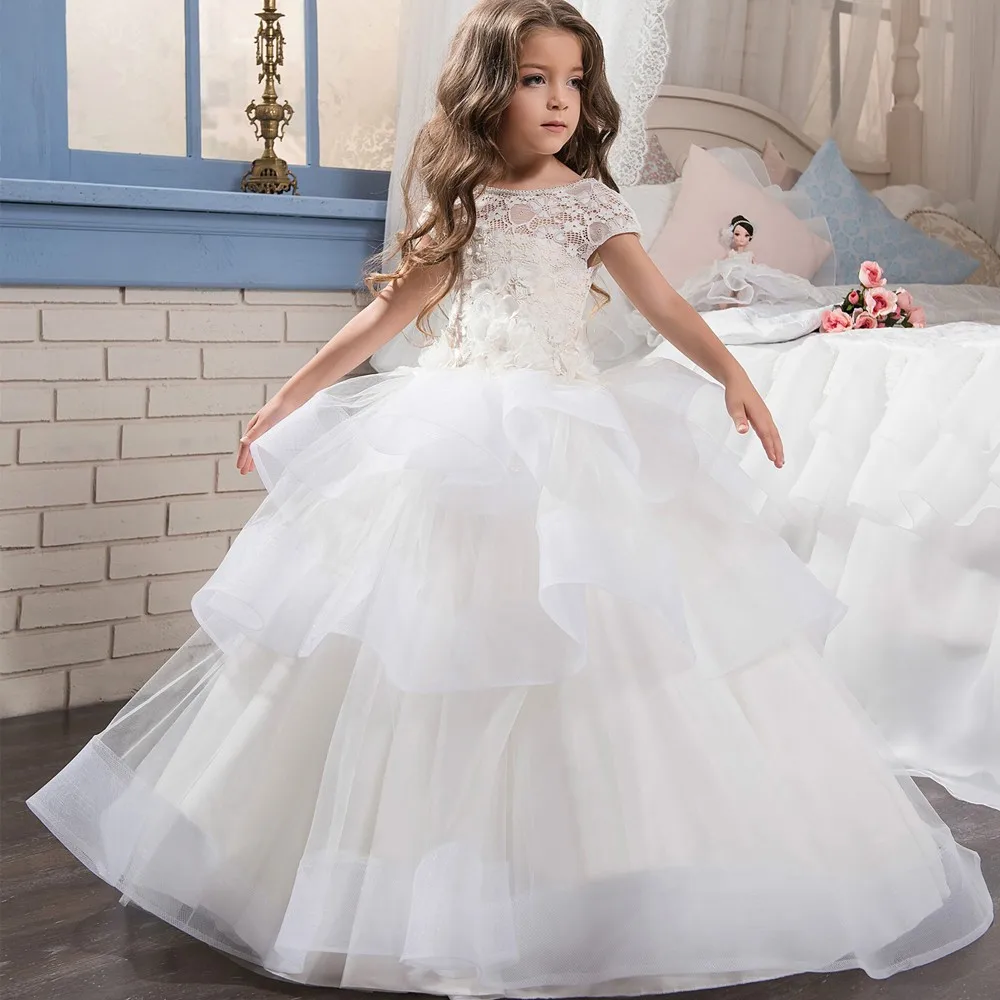 

2021 New Fashion High Quality Cute Lace Ball Gown flower Girl Dress With Short Sleeves V Back Tiered Floor Length Custom Made
