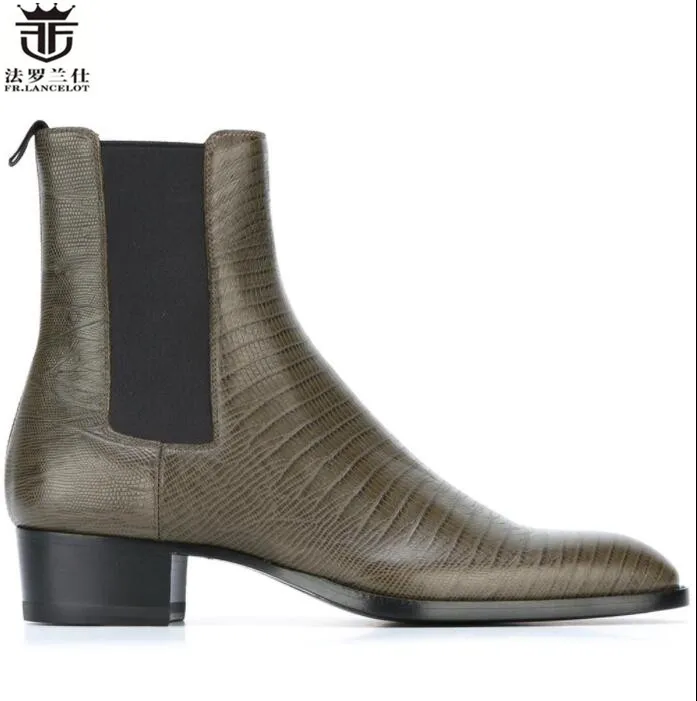 Fr.Lancelot Chelsea Boot Men Print Leather Boots British Style Point Toe Ankle Boots Top Quality Party Men Brand Boots