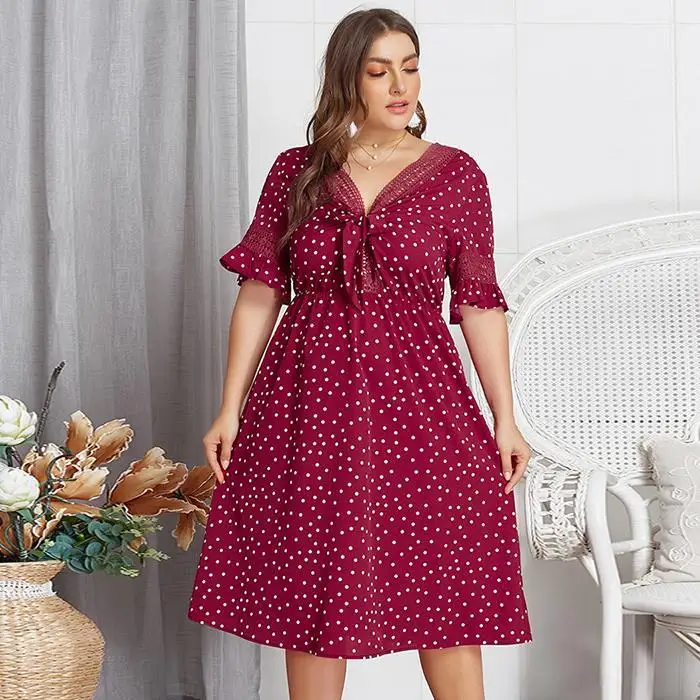 IN'VOLAND женское платье Vestidos размера плюс, повседневное летнее платье с v-образным вырезом и коротким рукавом в горошек, женские платья длиной до колена, XL-4XL