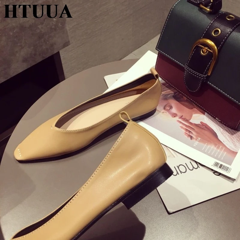 HTUUA/корейские невысокие плоские туфли с квадратным носком женские тонкие