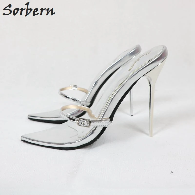 Sorbern/новые серебристые шлепанцы на каблуке 12 см, 14 см, 16 см женские пряжки на тонких ремешках, изготовленные на заказ, серебряные женские шлепанцы, вечерние туфли