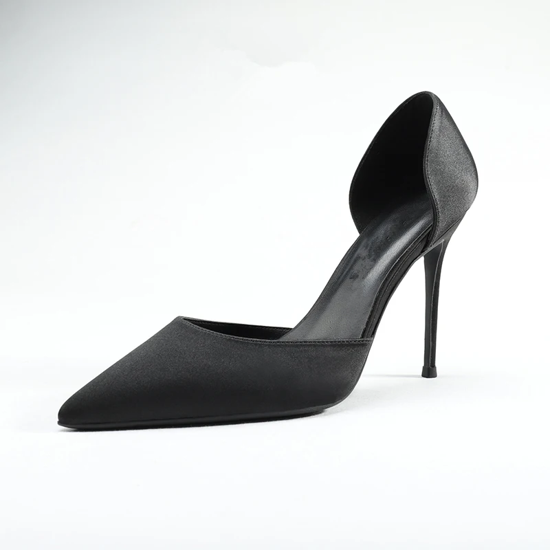 Black 10 cm Модные шелковые туфли на высоком каблуке с острым носком; женские пикантные вечерние туфли на каблуке с закрытым носком; офисные женские летние туфли - Цвет: Black 10 cm