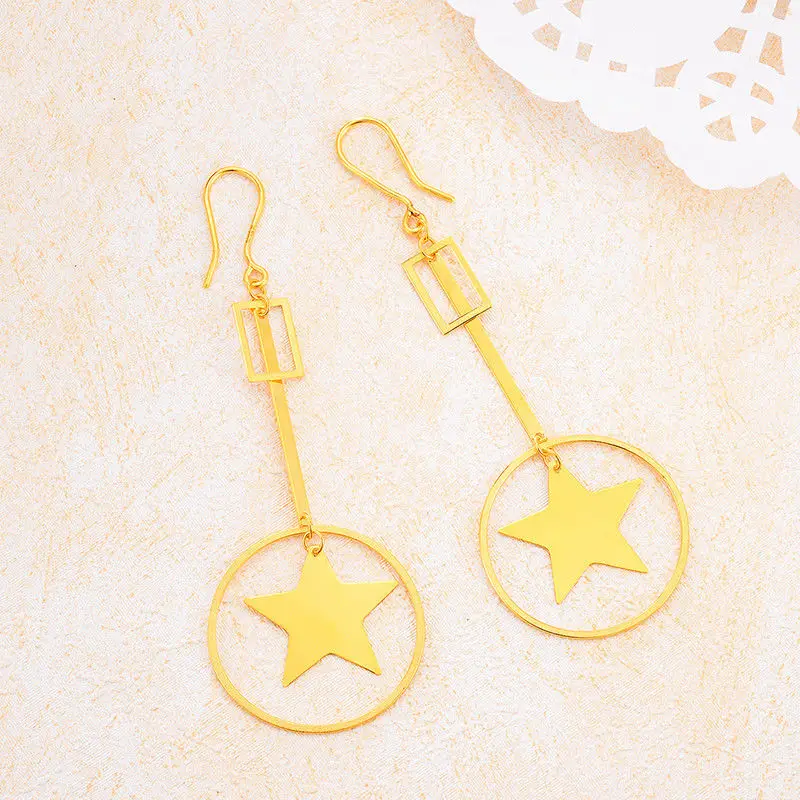 

New 24K Yellow Gold Earrings Round With Star Dangle Earrings 7.38g