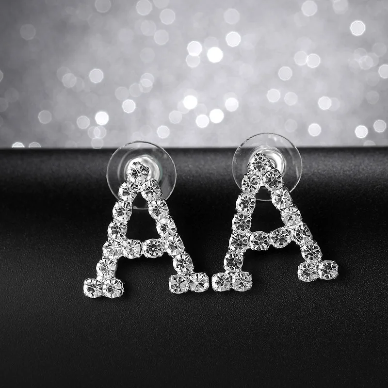A Shape Letter Silver Color Initial Earrings Cute CZ Alphabet Women Rhinestone Crystal Stud With for | Украшения и аксессуары