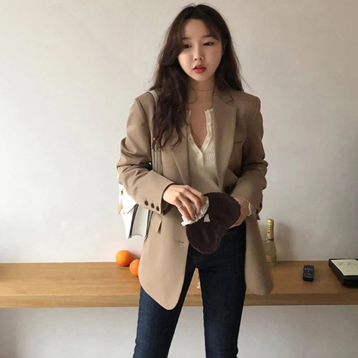 Women Blazer Single Breasted Regular Length Solid Notched Pockets Full Sleeve Korean England Style | Женская одежда