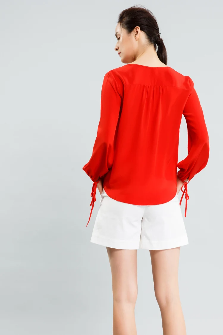 Women's lattern sleeve tie at collar red silk blouse top 2017 summer |