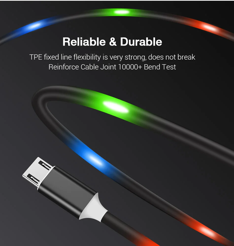 KISSCASE Micro USB Cable LED Light Voice Control Cable Fast Charge 1m Android Mobile Quick Charging Cord Phone Data Line Cable