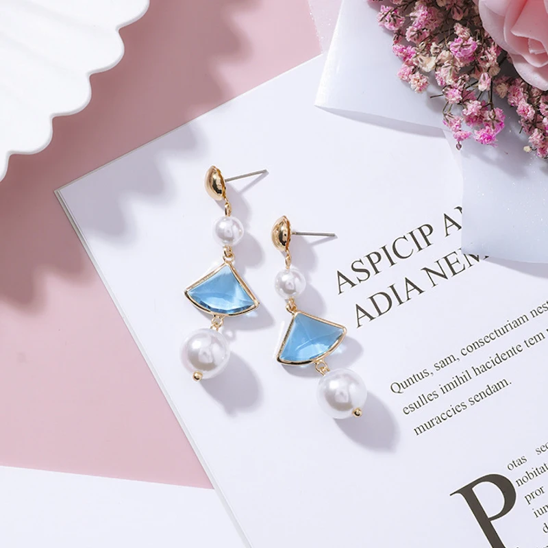 2018 New Korean Temperament Blue Fan Crystal Simulated Pearl Drop Pendientes Mujer Moda Long Earrings For Women Fashion Jewelry | Украшения