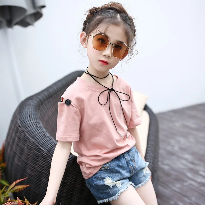 Лук с открытыми плечами хлопковая футболка для девочек Малыш 10 11 детей 12 лет