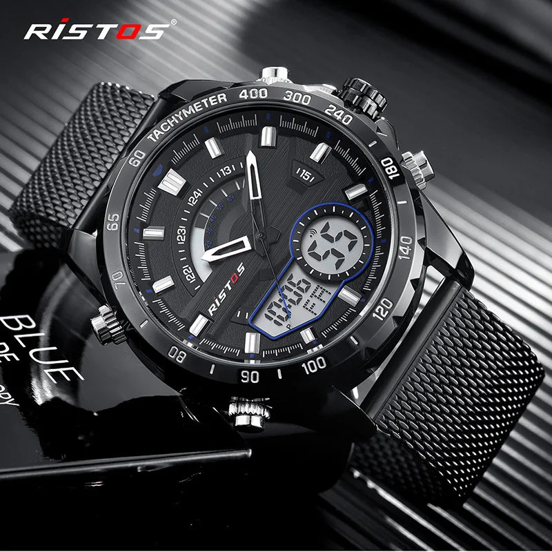 RISTOS модные часы Relojes Masculino Hombre, многофункциональные мужские спортивные часы со стальным плетением, цифровые наручные часы с хронографом для мужчин 9361