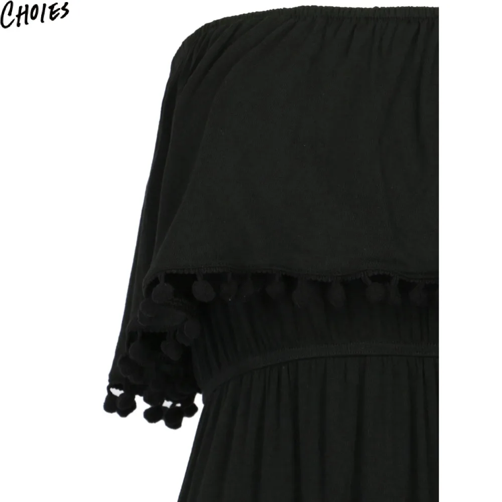 Женское черное сексуальное платье без бретелек с накладными помпонами Пляжное