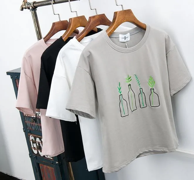 Merry Pretty Новая Летняя женская футболка в Корейском стиле Harajuku с рисунком растений в бутылках Kawaii хлопковая Футболка с вышивкой милые топы