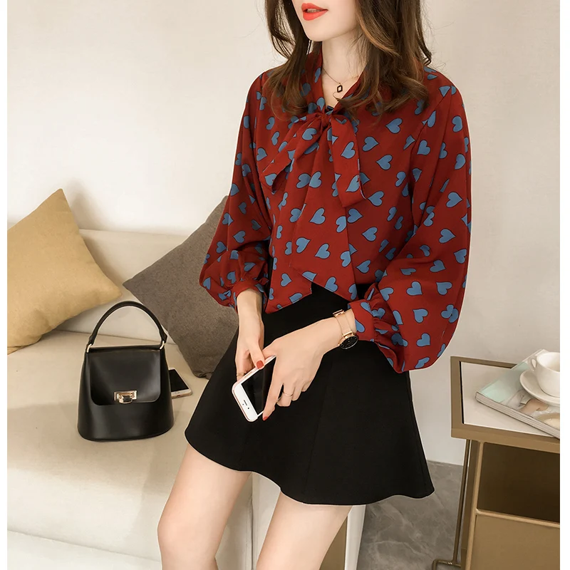 2018 Весна Для женщин блузка сладкий свободные печати лук Фонари с длинным рукавом