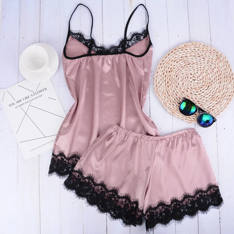 Sleep Pajama Set Sexy Satin Sleepwear Women Summer Pyjama Femme Fashion Pajamas for Women with Lace Chest new