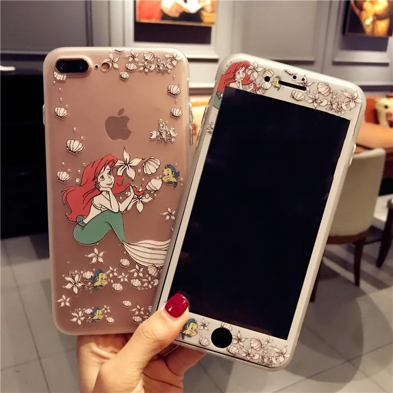 For iPhone 7 7Plus Cute Ariel Princess Case +Tempered Glass Screen film Mermaid / Alice Cover for X 8 8plus 6 6S 6SPlus |
