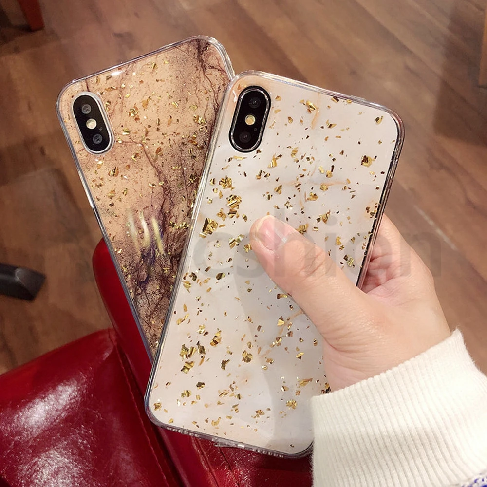 Блестящий чехол из золотой фольги для iPhone 7, 8 Plus, X, XS, XR Max, роскошный блестящий Мраморный чехол для iPhone 6, 6 s, Модный мягкий чехол из ТПУ
