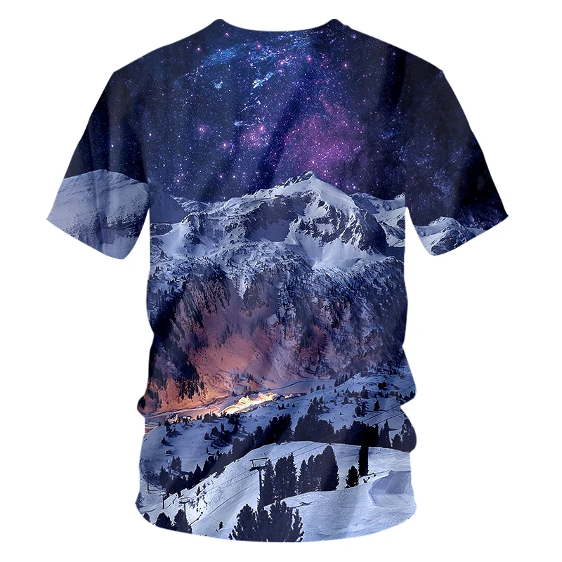 Футболка OGKB Мужская короткая объемная рубашка с принтом снега гор свободная