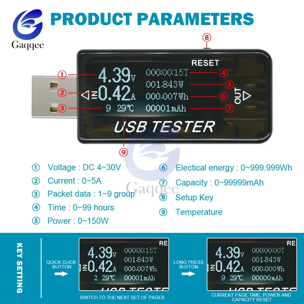 Вольтметр амперметр USB 8 в 1 QC2.0 QC3.0 4 30 электропитание измеритель напряжения тока