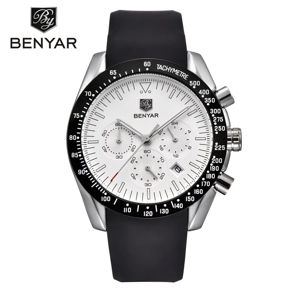 silver white Benyar, мужские часы, Лидирующий бренд, роскошные, силиконовые, бизнес стиль, спортивный хронограф, кварцевые наручные часы, мужские часы, saat - Цвет: silver white