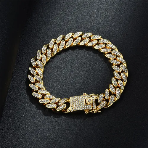 Gold Bracelet Хип-хоп, 13 мм, кубинское звено, цепочка, ожерелье, браслет, Iced Out, золото, серебро, украшение с прозрачными стразами для Мужчин, Ювелирные изделия - Окраска металла: Gold Bracelet